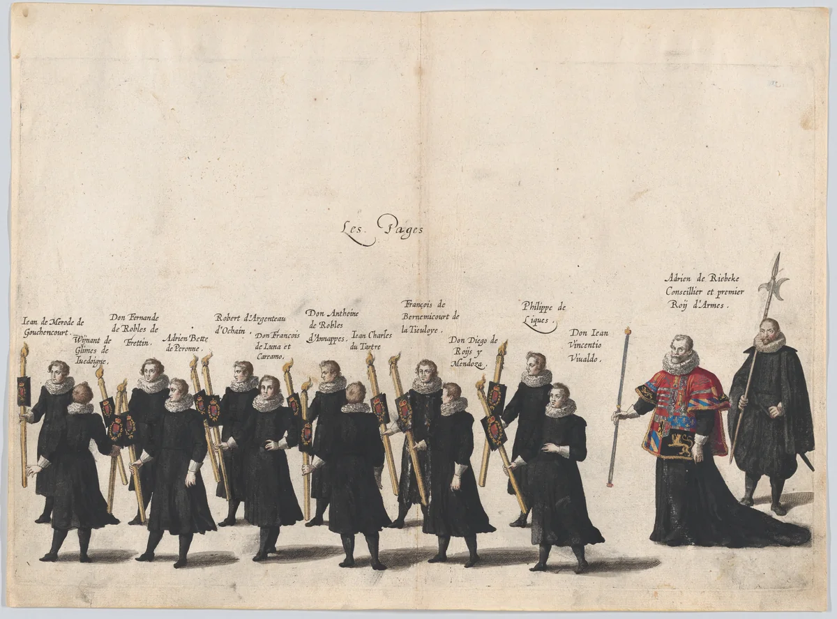 Plate 54: The pages marching in the funeral procession of Archduke Albert of Austria; from 'Pompa Funebris ... Alberti Pii' by Cornelis Galle, print, 1623