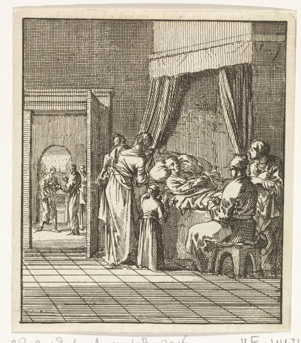 Familie rond het sterfbed van vader by Jan Luyken, print, 1712