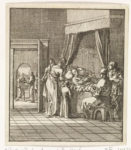 Familie rond het sterfbed van vader by Jan Luyken, print, 1712