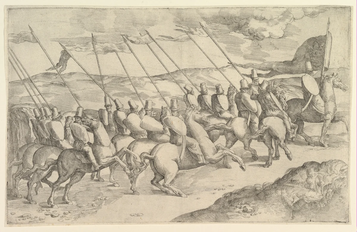 A company of horsemen riding to the right by Battista Franco, print, 1525-1535