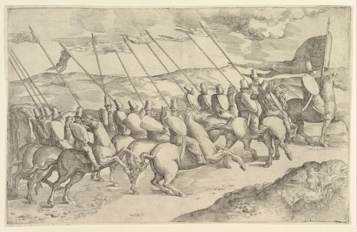 A company of horsemen riding to the right by Battista Franco, print, 1525-1535