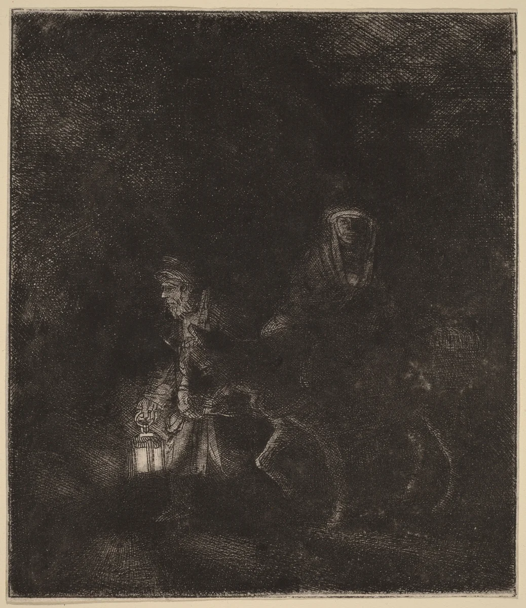 The Flight into Egypt: a Night Piece by Rembrandt van Rijn, print, 1651