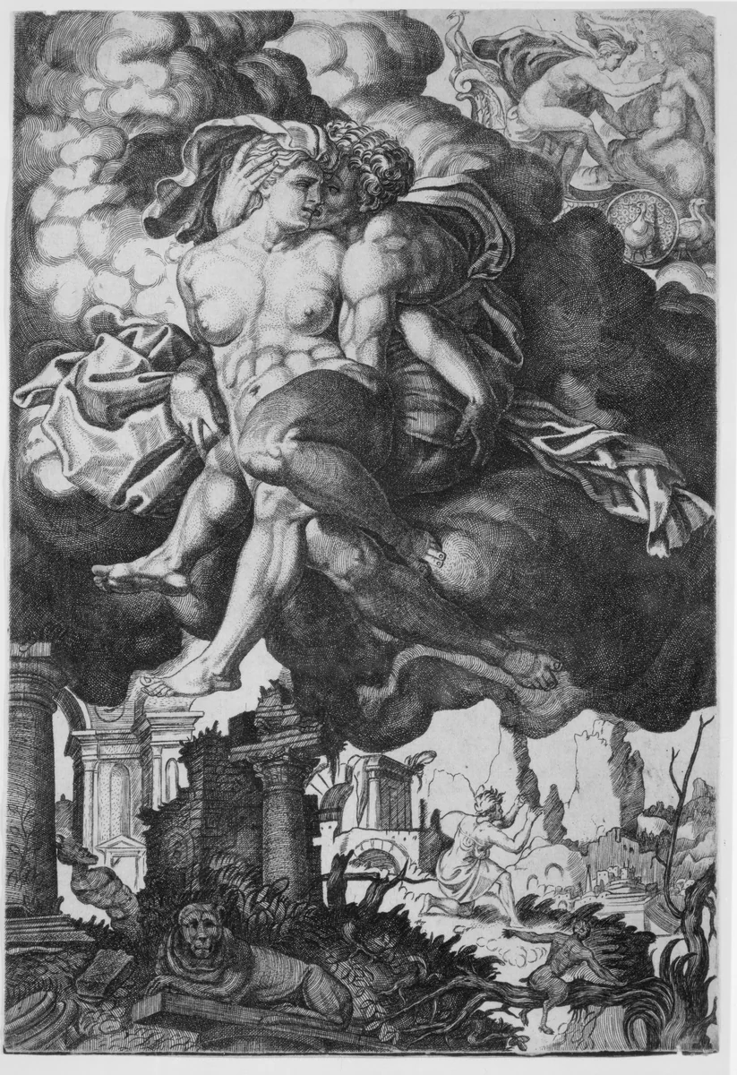 Ixion attempting to seduce Juno, surrounded by clouds with ruins below by Giovanni Jacopo Caraglio, print, 1520-1539