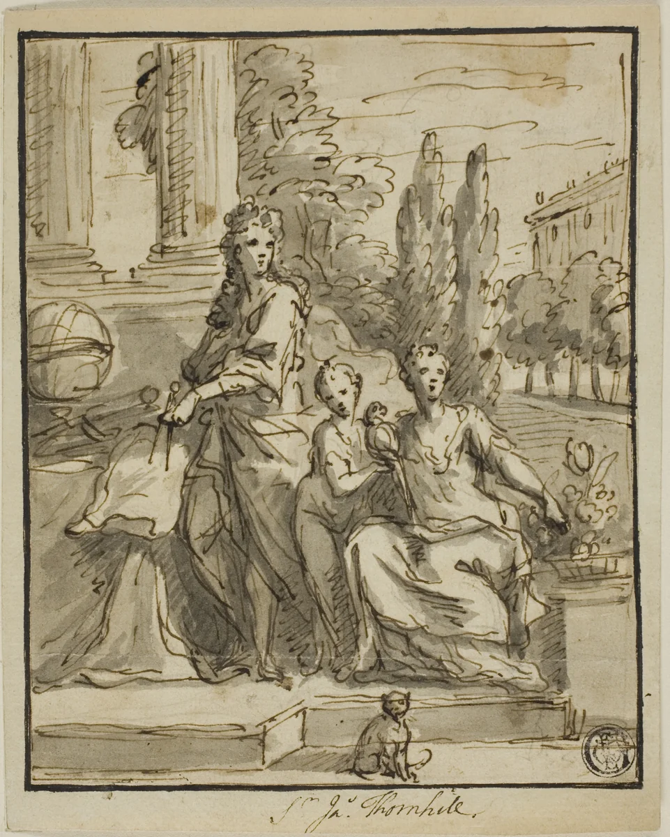 Portrait of a Geographer, Wife, and Child by James Thornhill, drawing, 1695-1734