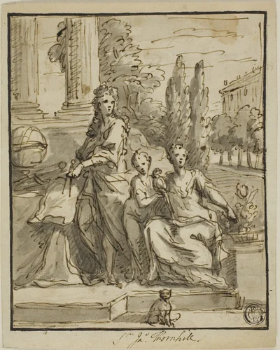 Portrait of a Geographer, Wife, and Child by James Thornhill, drawing, 1695-1734