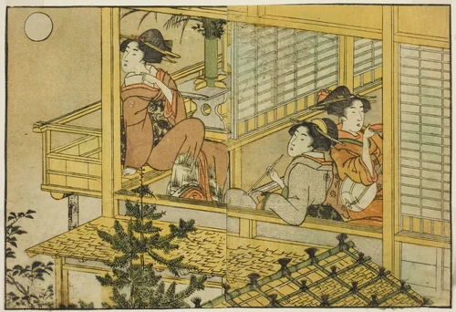 Moon-Viewing Party, from the illustrated book "Picture Book: Flowers of the Four Seasons (Ehon shiki no hana)," vol. 2 by Kitagawa Utamaro (喜多川歌麿), print, 1801
