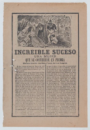Broadsheet relating to a story about a woman who has turned into stone, a group of people discovering her in the woods by José Guadalupe Posada, print, 1898-1908