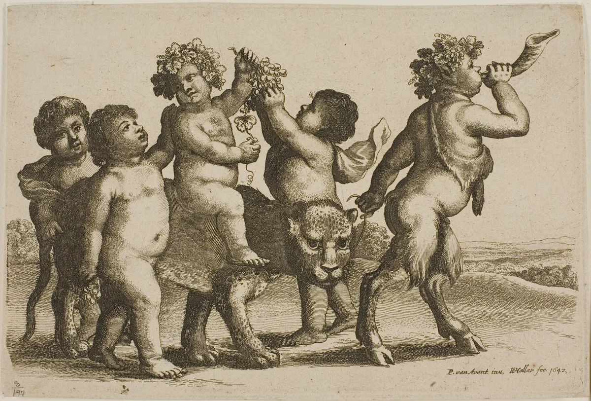 Young Bacchus Riding a Leopard Led By a Satyr Blowing a Horn by Wenceslaus Hollar, print, 1647