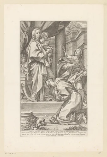 De heilige Franciscus en Jakobus de Meerdere voor Maria met het Christuskind by Giovanni Girolamo Frezza, print, 1686-1748