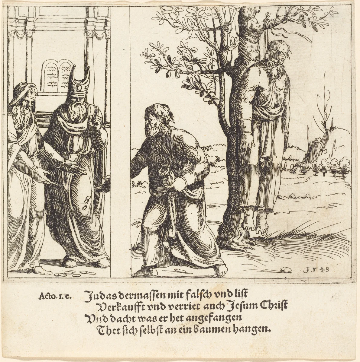 Judas Returns the Thirty Pieces of Silver by Augustin Hirschvogel, print, 1548