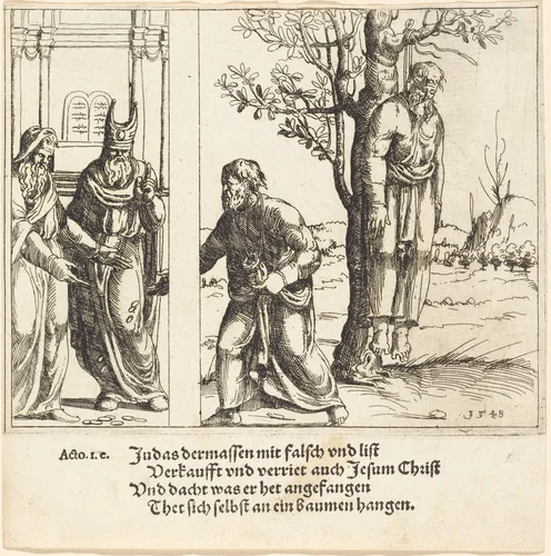 Judas Returns the Thirty Pieces of Silver by Augustin Hirschvogel, print, 1548