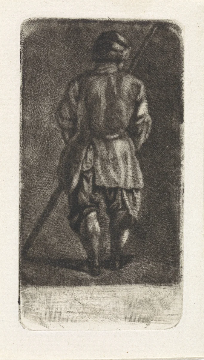 Man met stok, op de rug gezien by Abraham Delfos, print, 1741-1820