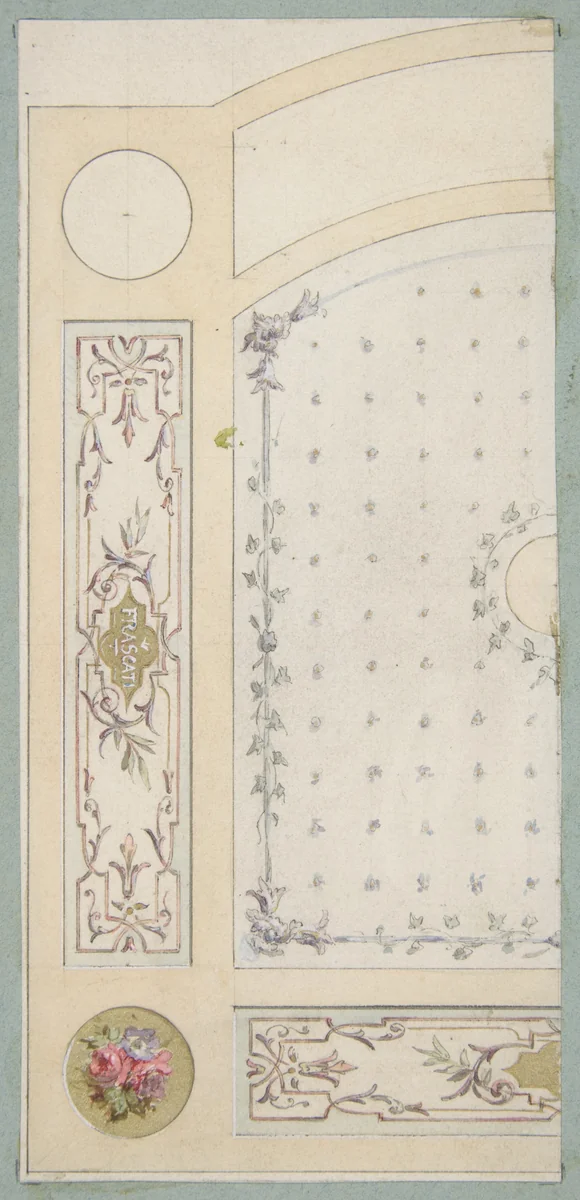 Design for painted decoration of wall or ceiling panels, including the word "Frascati" by Jules-Edmond-Charles Lachaise, drawing, 1850-1900