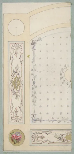 Design for painted decoration of wall or ceiling panels, including the word "Frascati" by Jules-Edmond-Charles Lachaise, drawing, 1850-1900