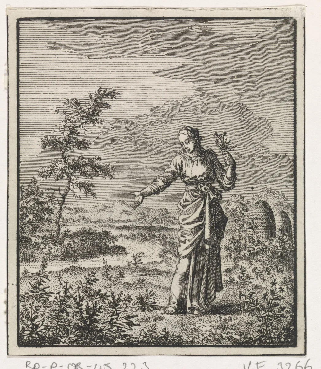 Vrouw plukt bloemen in het veld by Jan Luyken, print, 1704
