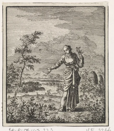 Vrouw plukt bloemen in het veld by Jan Luyken, print, 1704
