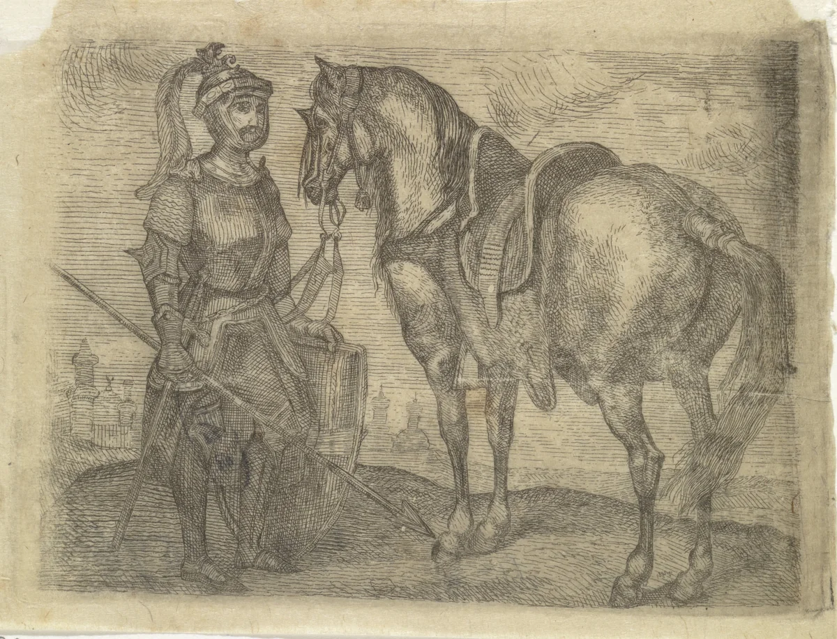 Krijgsman en zijn paard by Arnoud Schaepkens, print, 1831-1904