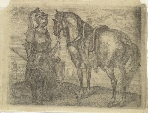 Krijgsman en zijn paard by Arnoud Schaepkens, print, 1831-1904