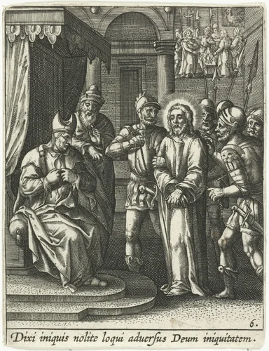 Christus voor Kajafas by Adriaen Collaert, print, 1570-1618