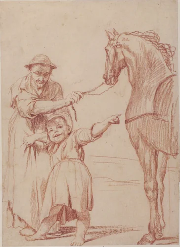 Marcolfa Persuades Cacasenno to Mount a Horse by Giuseppe Maria Crespi, drawing, 1665-1747