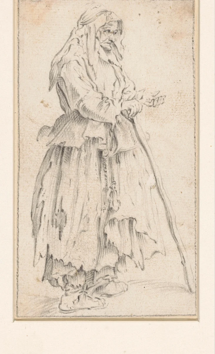 Bedelaar met stok, naar links by anonymous, drawing, 1620-1700