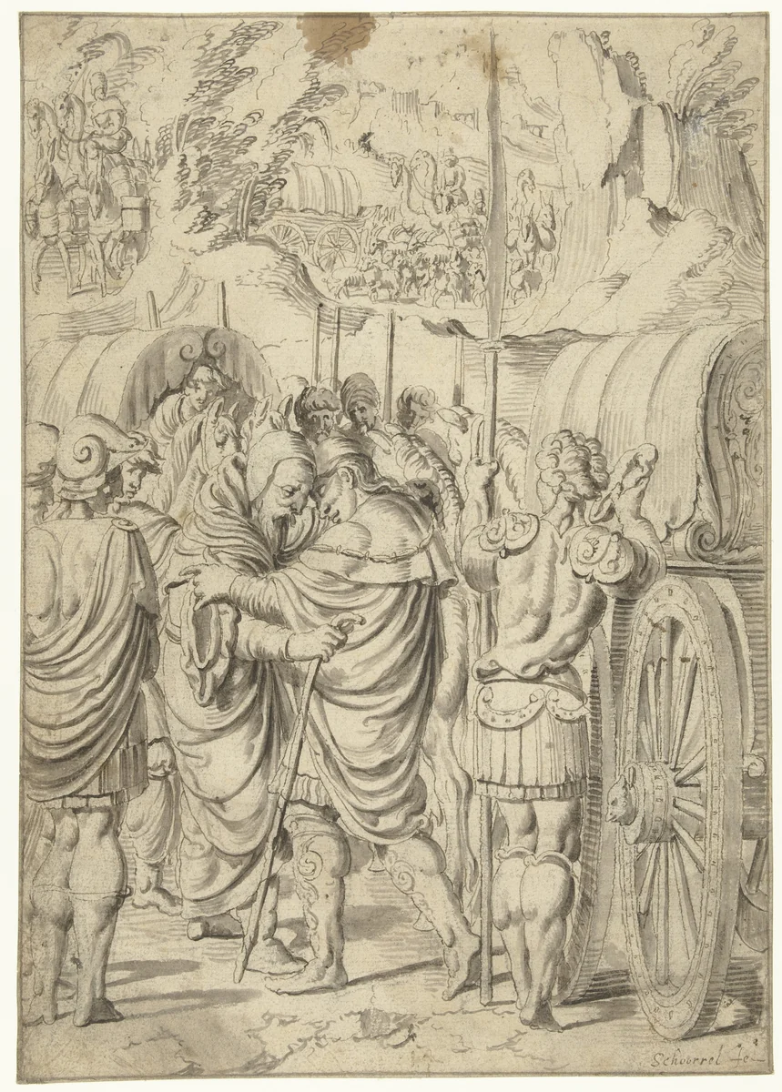 Ontmoeting van Abraham en Melchisedek by Aertgen Claesz van Leyden, drawing, 1525-1530