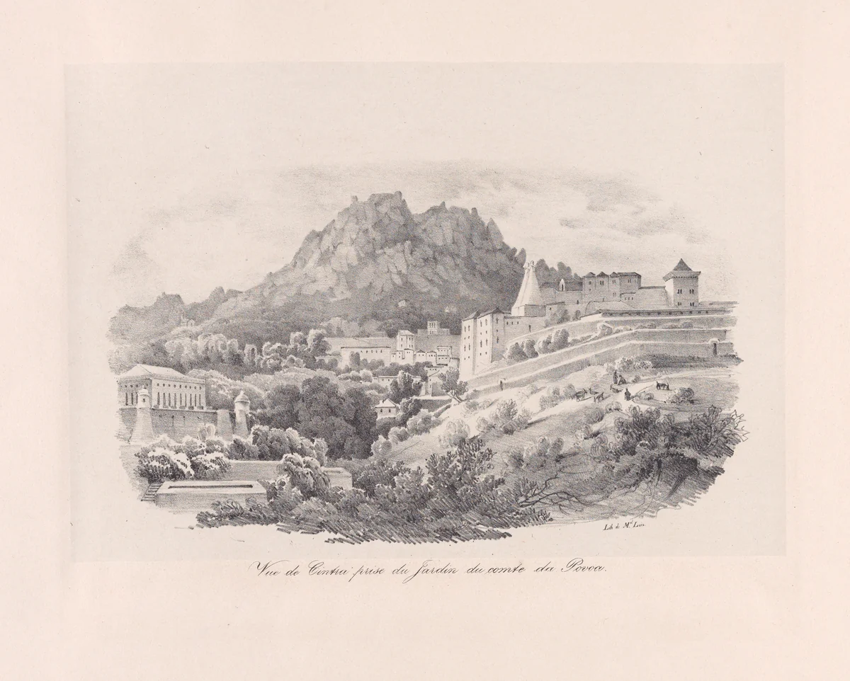 View of the Sintra from the garden of the Comte de Povoa, National Palace in the background by Clementine de Brelaz, print, 1840
