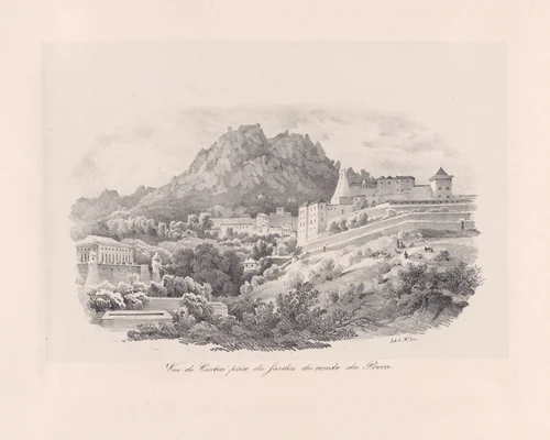 View of the Sintra from the garden of the Comte de Povoa, National Palace in the background by Clementine de Brelaz, print, 1840