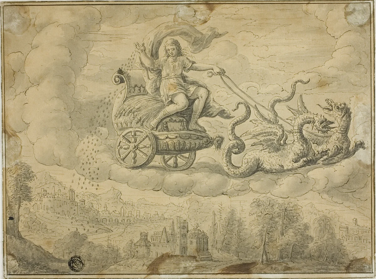 Triptolemus by Marten de Vos, drawing, 1500-1799