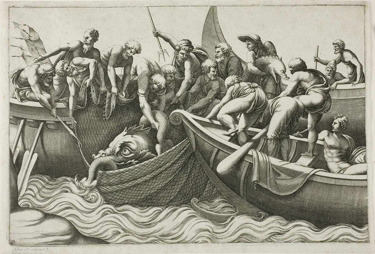 Fishermen Catching a Sea Monster by Adamo Scultori, print, 1560-1570