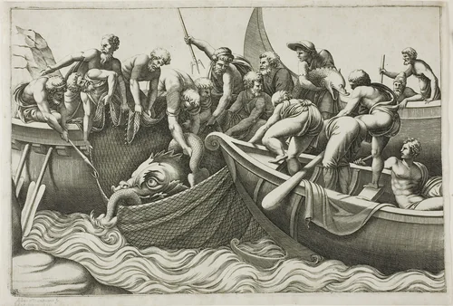 Fishermen Catching a Sea Monster by Adamo Scultori, print, 1560-1570