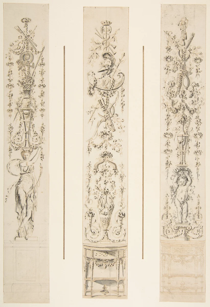 Three Designs for Panels of Arabesques by anonymous, drawing, 1750-1800