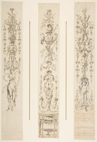 Three Designs for Panels of Arabesques by anonymous, drawing, 1750-1800