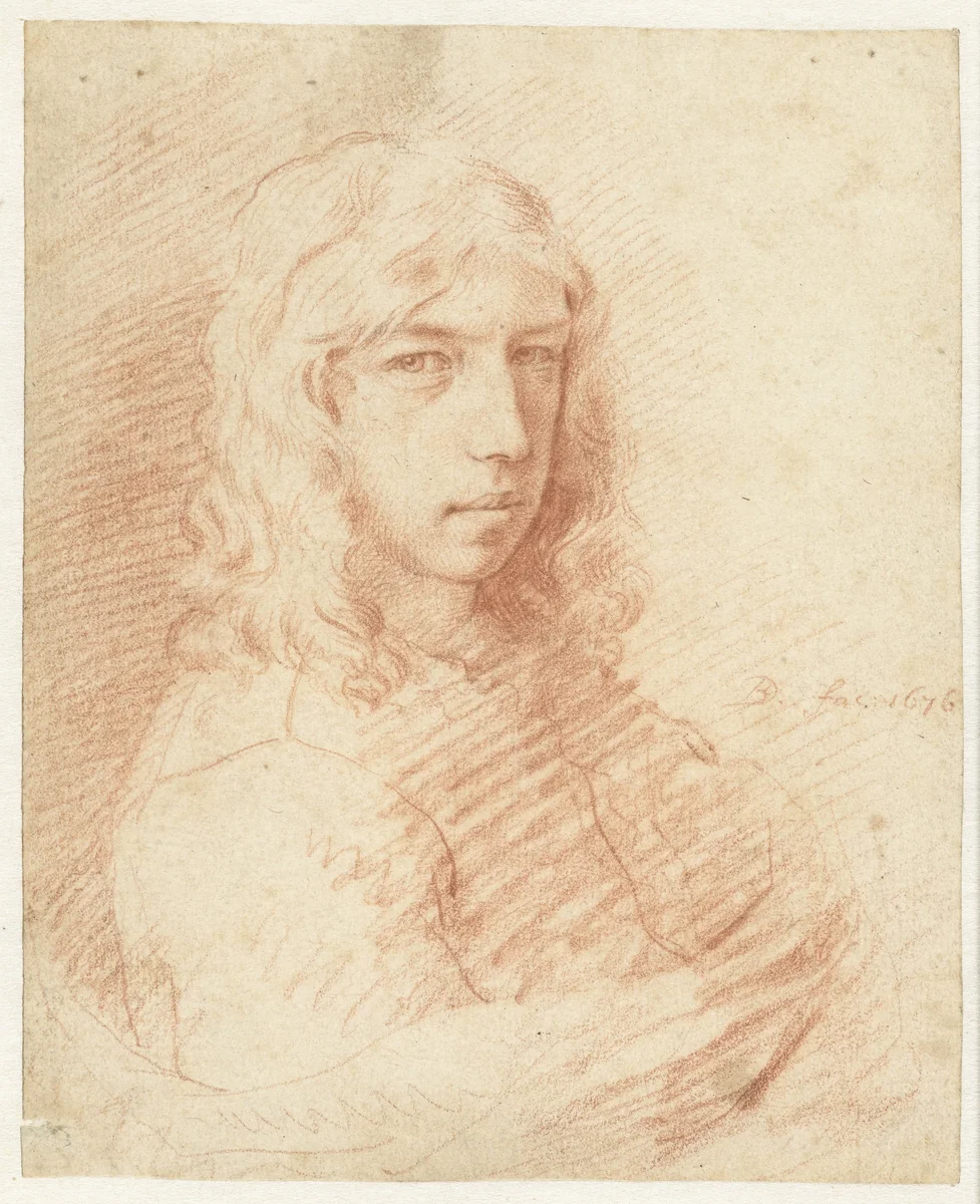 Bust of a Young Man with Long Hair by Dirck de Bray, drawing, 1676