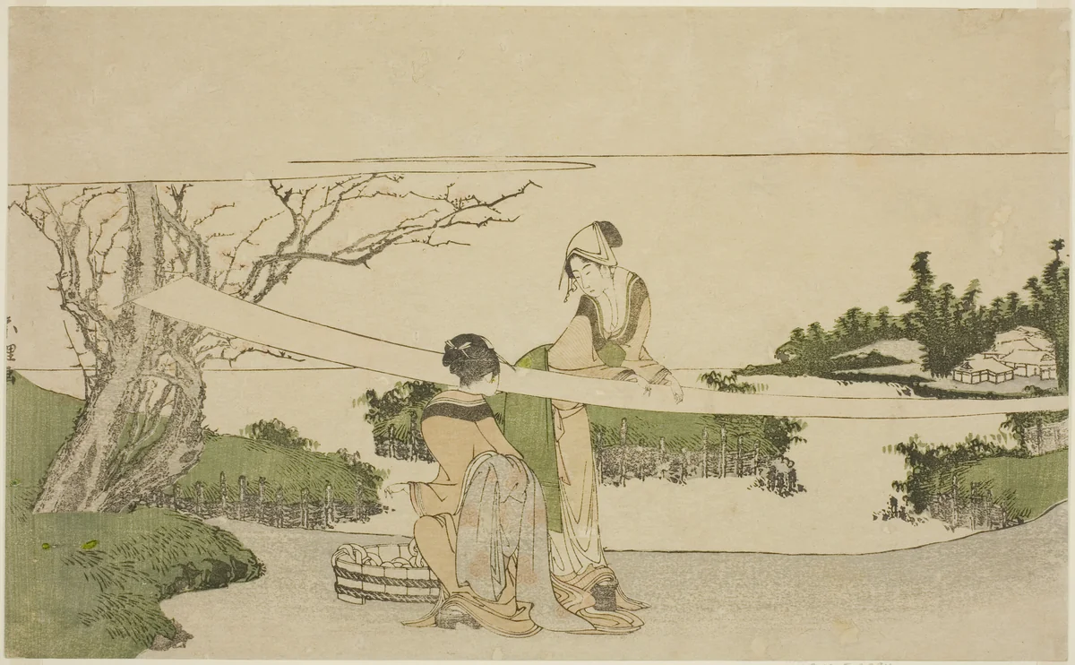 Two women stretching cloth by Katsushika Hokusai (葛飾 北斎), print, 1792-1803