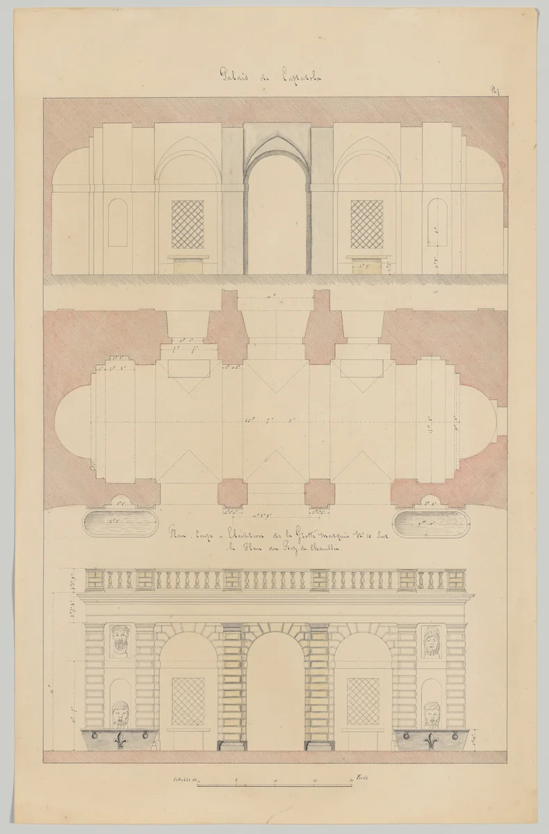 Grotto from the Gardens of the Farnese Palace at Caprarola, Preparatory Study for the 'Oeuvres Complètes de Jacques Barozzi de Vignole' by François Debret, drawing, 1815-1823