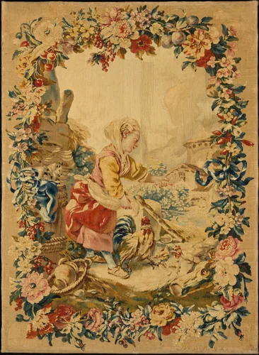 Girl Feeding Chickens from the series known as the Enfants de Boucher by François Boucher, textile, 1765-1785