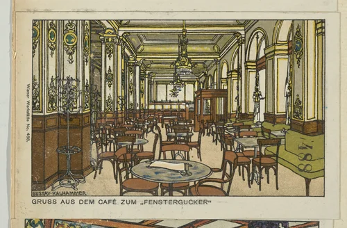 Gruss aus dem Café zum "Fenstergucker" by Gustav Kalhammer, print, 1912