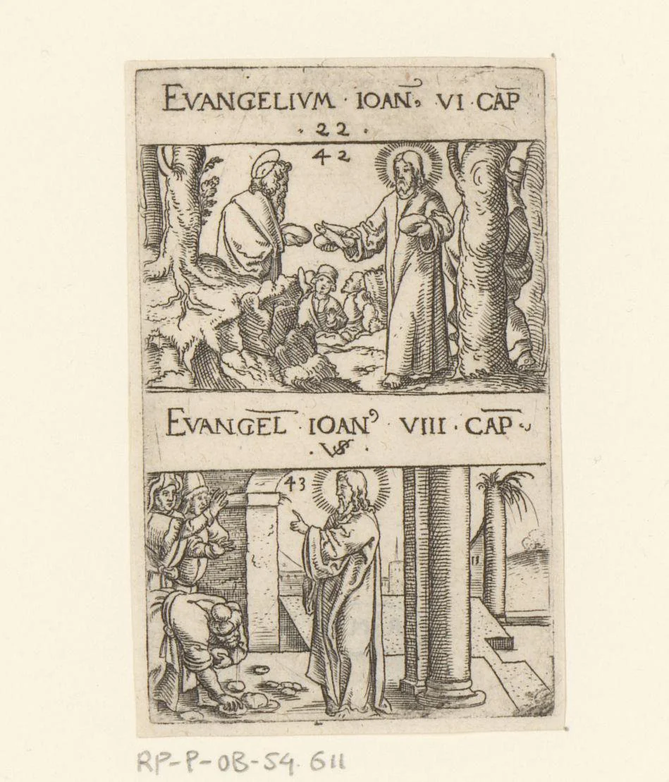 Vermenigvuldiging van de broden en de vissen en Christus en de overspelige vrouw by Unknown, print, 1524-1562