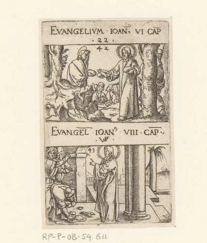 Vermenigvuldiging van de broden en de vissen en Christus en de overspelige vrouw by Unknown, print, 1524-1562