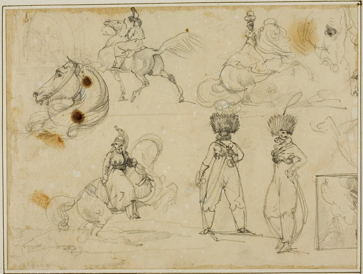 Sheet of Sketches: Soldiers, Horses and a Landscape by Jean Louis André Théodore Géricault, drawing, 1813-1814