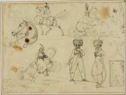 Sheet of Sketches: Soldiers, Horses and a Landscape by Jean Louis André Théodore Géricault, drawing, 1813-1814