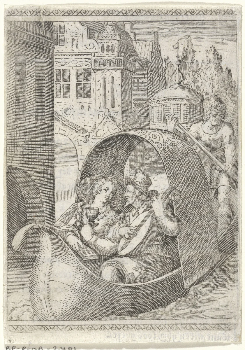 Liefdespaar in een gondel by anonymous, print, 1607