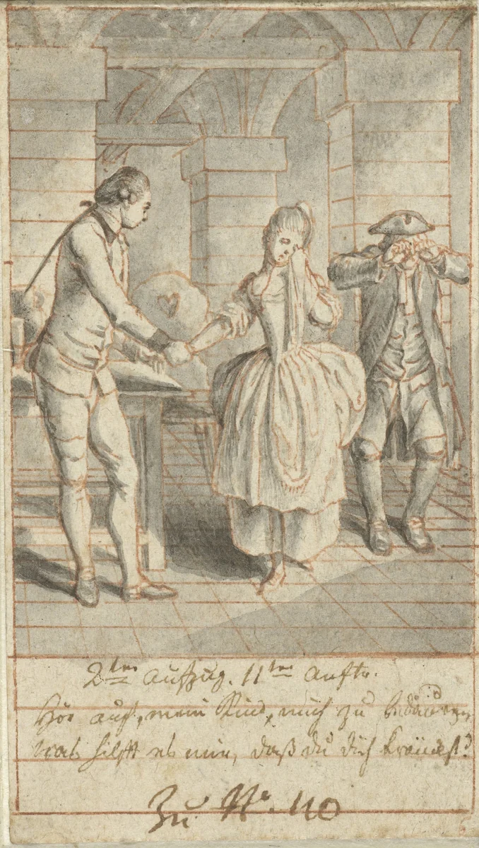 Louise en haar vader Johann Ludwig bezoeken Alexis in de gevangenis by Daniel Nikolaus Chodowiecki, drawing, 1770-1775
