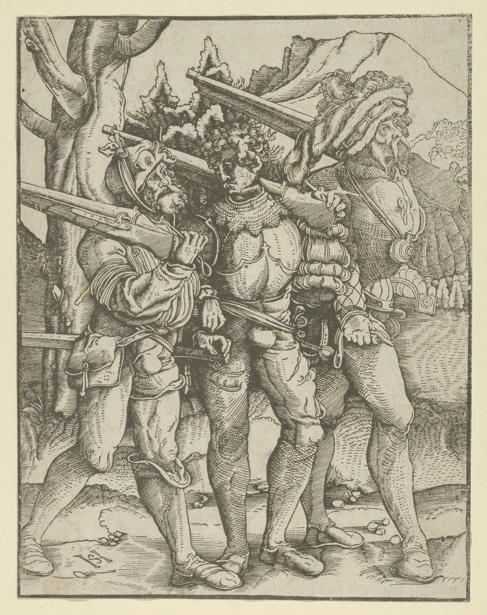 Three Soldiers with Muskets by Hans Schäufelein, print, 1506-1516