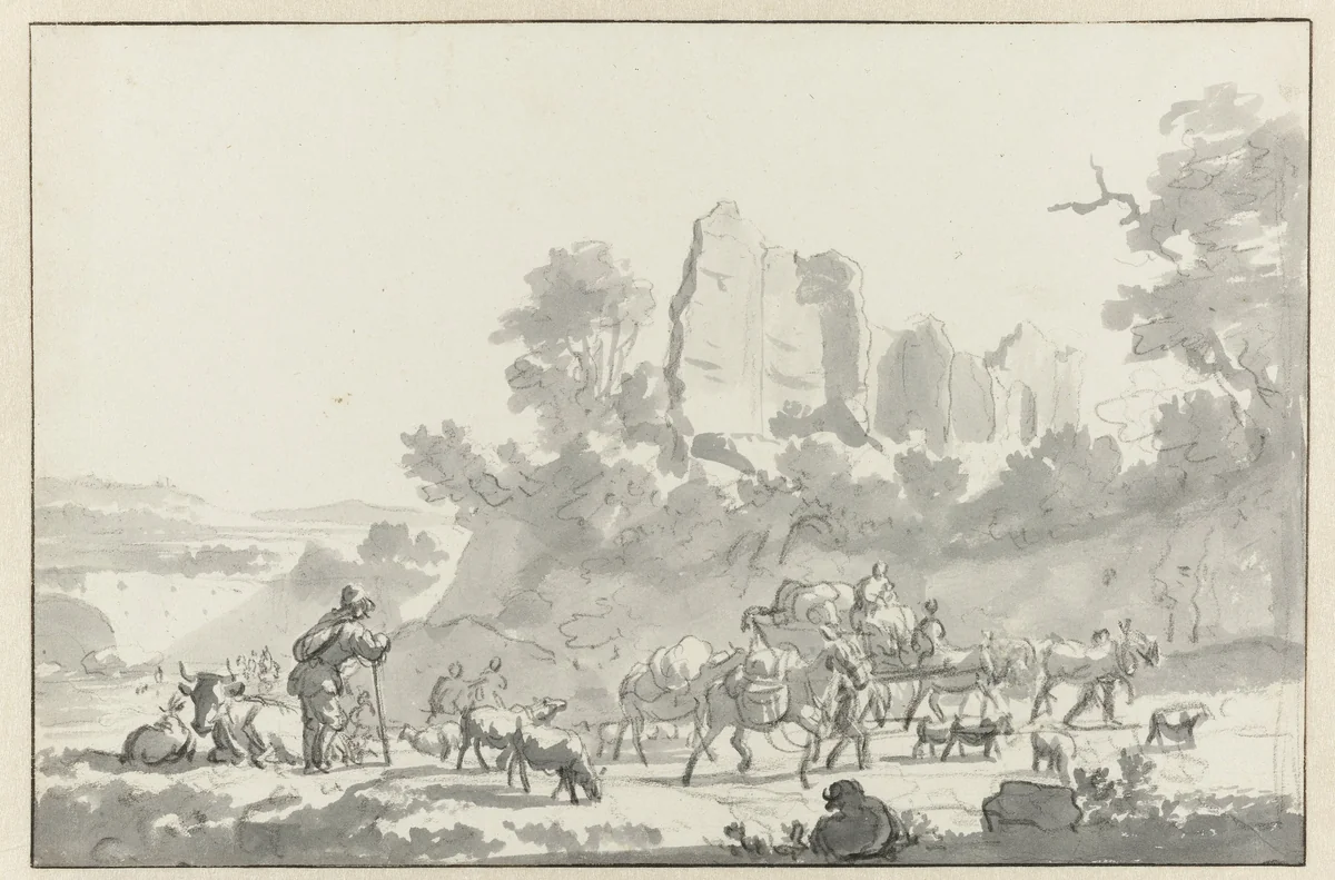 Landscape with a Shepherd and Cattle, and Travellers by Adriaen van de Velde, drawing, 1646-1672
