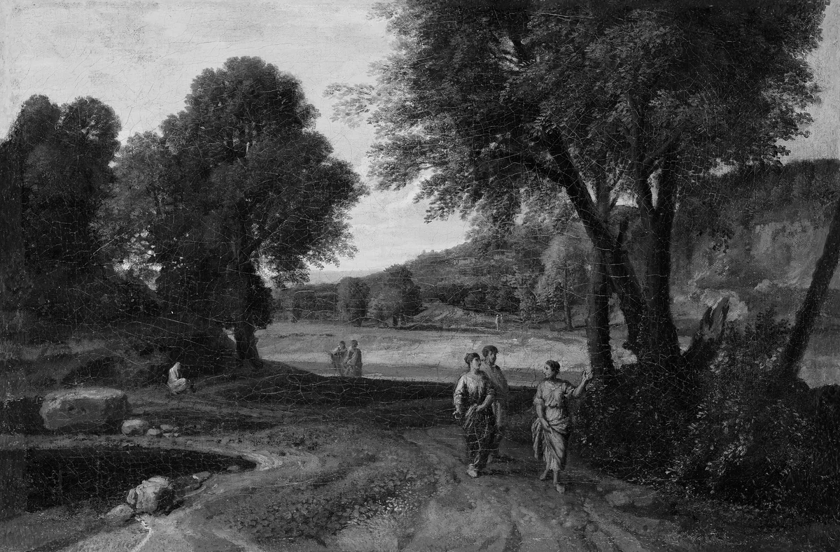 Classical Landscape with Two Women and a Man on a Path by Jean-François Millet, painting, 1660-1670