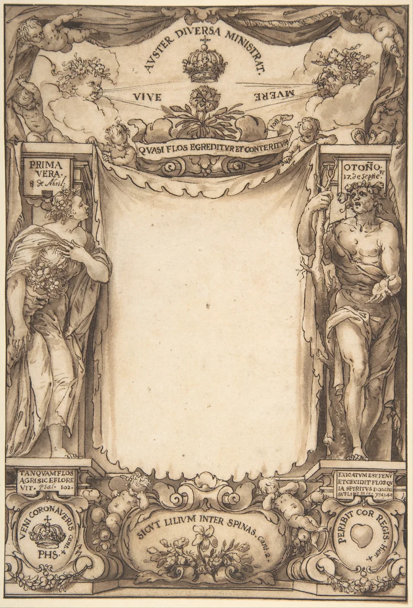 Drawing for the title page to the 'Descrpción de las honras' (related to the death of Philip IV) by Sebastián de Herrera-Barnuevo, drawing, 1666