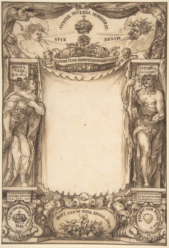 Drawing for the title page to the 'Descrpción de las honras' (related to the death of Philip IV) by Sebastián de Herrera-Barnuevo, drawing, 1666