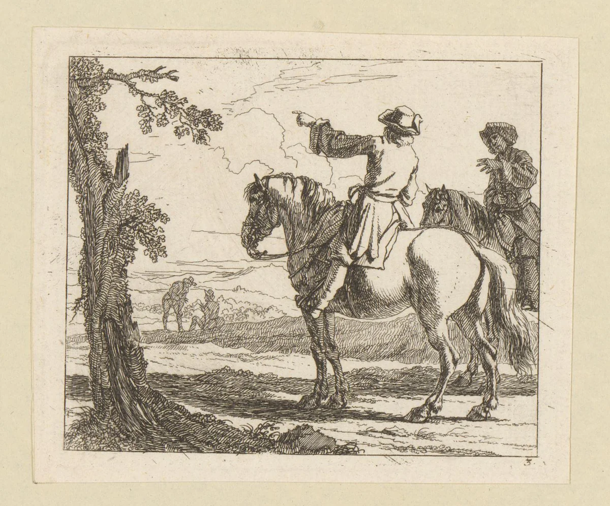 Ruiter wijst de ander de weg by Georg Philipp Rugendas, print, 1698
